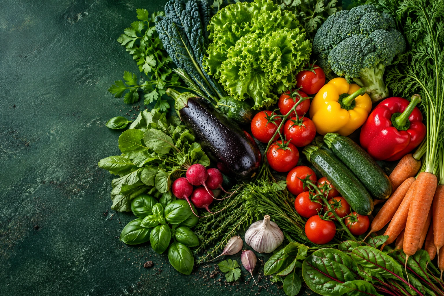 Fresh vegetables and herbs arranged on a dark green surface